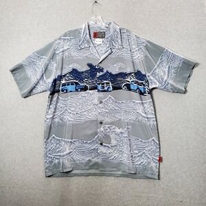 VINTAGE Pineapple Connection Men Button Up Shirt L Gray Ocean Surf Cars 90s